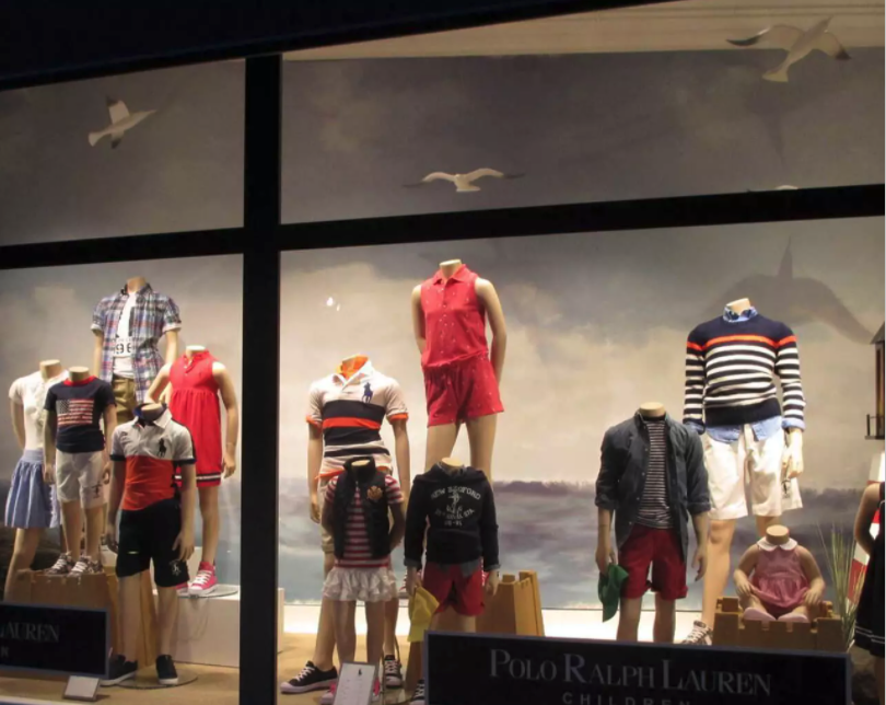 Ralph lauren retail display with seagull props.